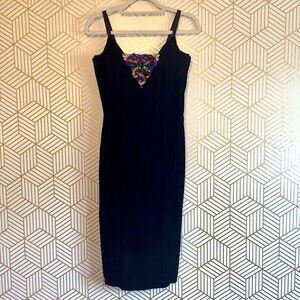 VTG Gunna Sax Jessica Mclintock 80s Black Velvety Sequins Dress